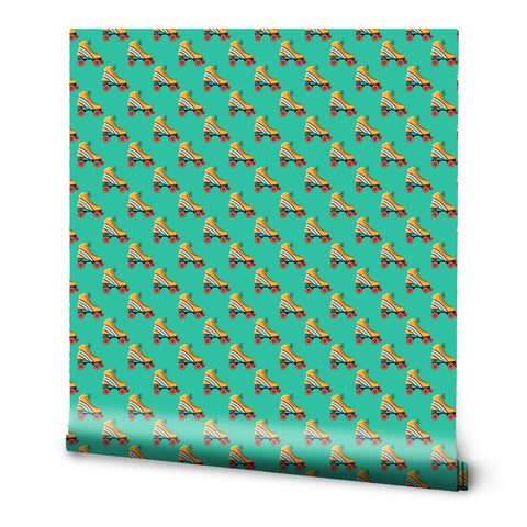 A roll of wallpaper with a retro design featuring multiple colorful roller skates against a teal background.