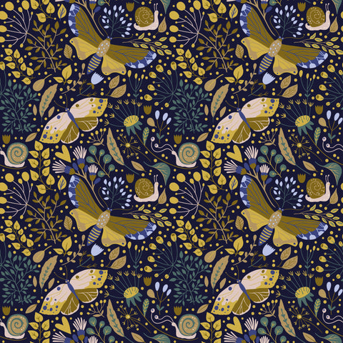 wallpaper featuring a floral and nighttime garden pattern with gold, navy, and green colors.
