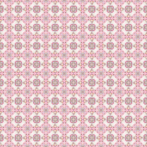 Pink wallpaper with white and lavender circular floral motifs in a delicate geometric arrangement, suitable for bedrooms or accent walls.