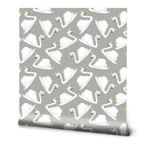 Removable wallpaper featuring a pattern of white swans on a gray background.