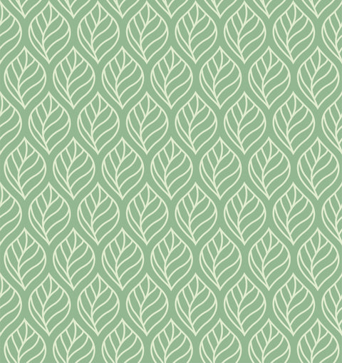 Green wallpaper with white leaf pattern in a repeating botanical design