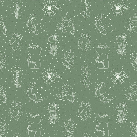 sage green removable wallpaper with a pattern of eyes, plants, and abstract designs.