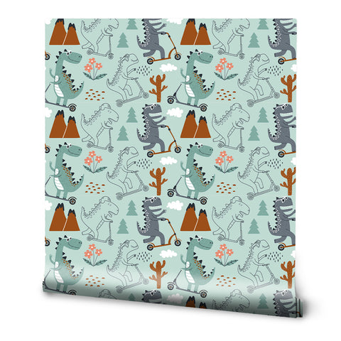 A roll of removable wallpaper featuring cartoonish dinosaurs riding scooters and bicycles, with a light blue background.