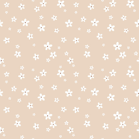 beige floral wallpaper with small white daisy patterns spread evenly across the surface.