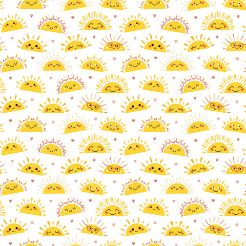 removable wallpaper with a pattern of smiling sun faces and hearts in yellow, orange, and white colors.