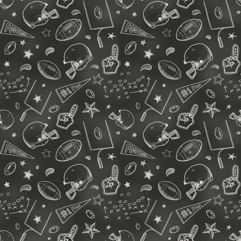 removable wallpaper with a sports-themed pattern, featuring doodles of a football, basketball, and other sports-related items on a black background.