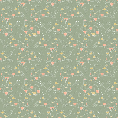 A wallpaper pattern featuring playful bunnies in various poses with vibrant spring colors on a green background.