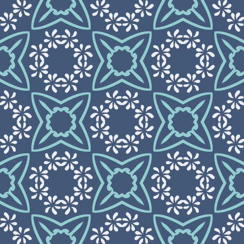 Navy blue wallpaper with turquoise geometric floral motifs, ideal for modern interiors
