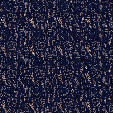 removable wallpaper with a pattern featuring tarot cards, potions, and other mystical symbols on a dark blue background.