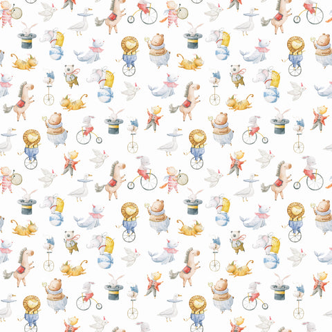 Children's nursery wallpaper featuring circus-themed patterns with adorable animals and playful designs.