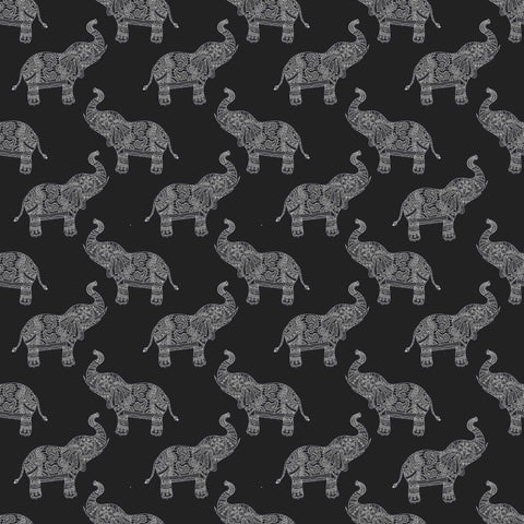 removable wallpaper with a pattern of black and white elephants inspired by traditional tribal motifs.