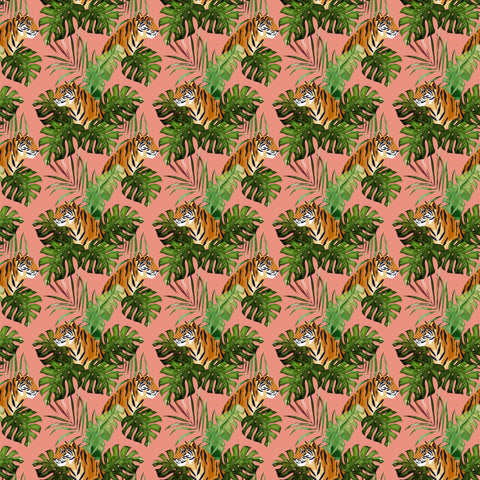 removable wallpaper with a tropical design featuring tigers among green leaves on a pink background.