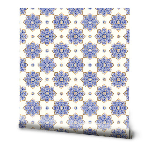 Turkish Ornamental Removable Wallpaper - Floral Tile Design - Blue