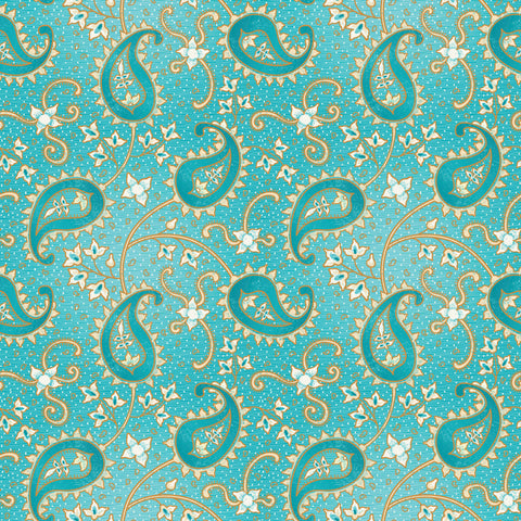 turquoise paisley removable wallpaper with a rich pattern of blue and white.