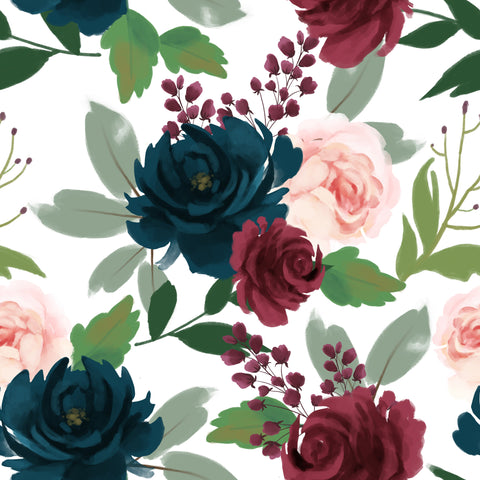 Watercolor floral wallpaper with navy, burgundy, and blush pink roses and green leaves on a white base, suitable for living rooms or bedrooms.