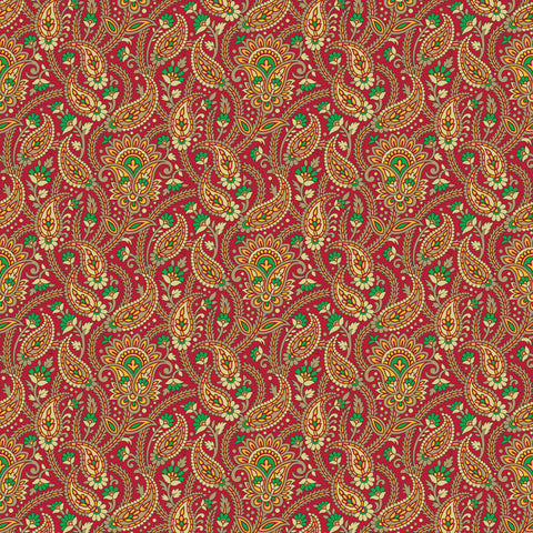 Wallpaper with traditional paisley pattern in red, gold, and green colors on a decorative background