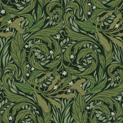 A section of wallpaper with an intricate floral pattern in green, beige, and white colors.