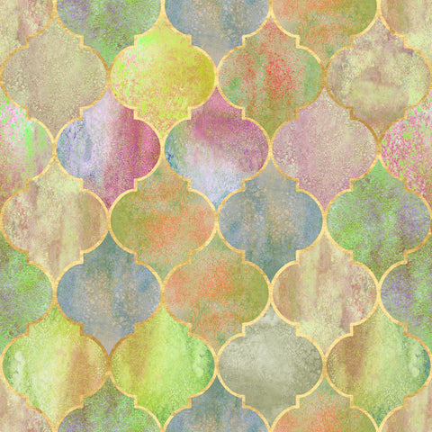 Vintage Moroccan tile wallpaper with watercolor effect in pastel green, pink, blue, and gold geometric pattern