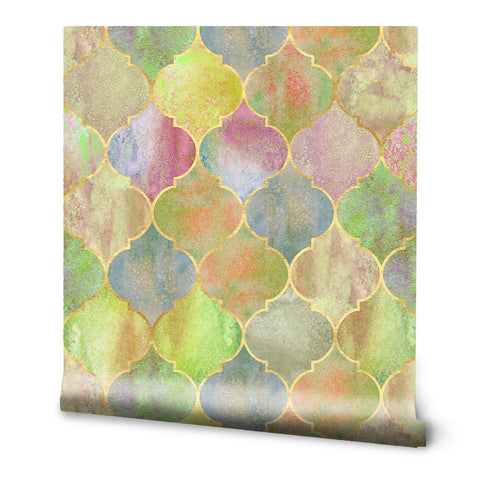 Vintage Moroccan tile wallpaper with watercolor effect in pastel green, pink, blue, and gold geometric pattern