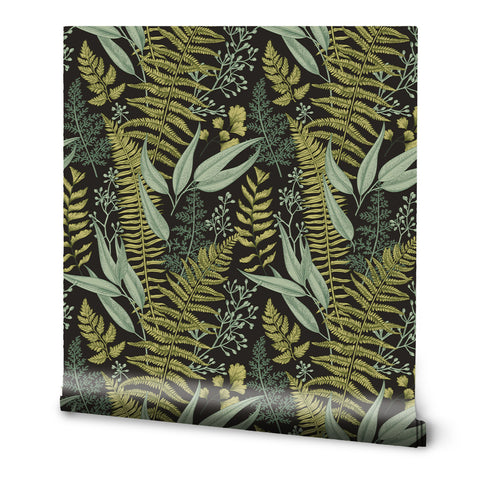 A roll of wallpaper featuring a vintage floral and nature design with green and brown colors.