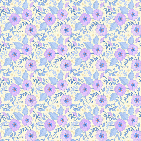 wallpaper featuring a violet floral pattern with purple flowers and green leaves on a white background.