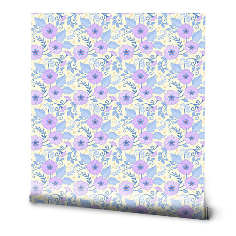 A roll of wallpaper featuring a violet floral pattern with purple flowers and green leaves on a white background.
