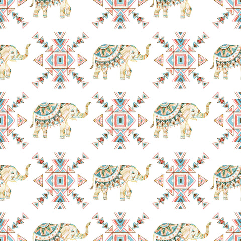 Wallpaper with decorative elephants and geometric tribal patterns in beige, teal, and coral on a white background