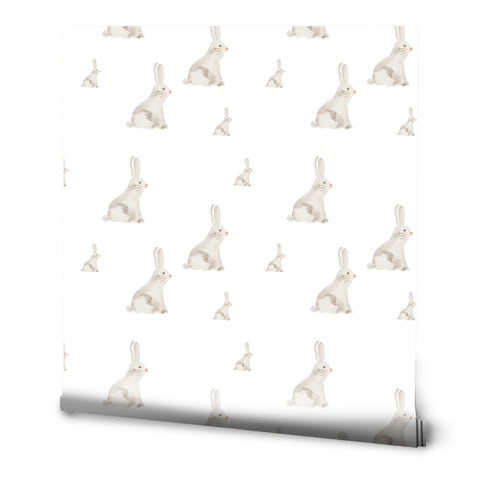 Removable wallpaper featuring a pattern of watercolor-style rabbits on a white background.