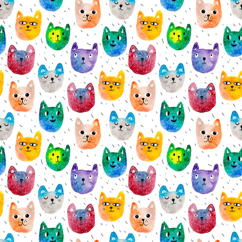 Wallpaper with a playful pattern of watercolor cat faces in bright colors like orange, green, blue, purple, and red, set against a white background with small black dash marks