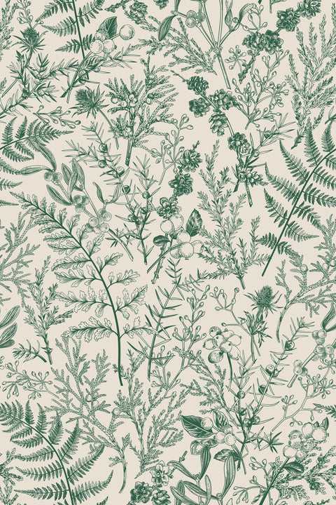 A wallpaper featuring a floral pattern with various green plants and flowers.