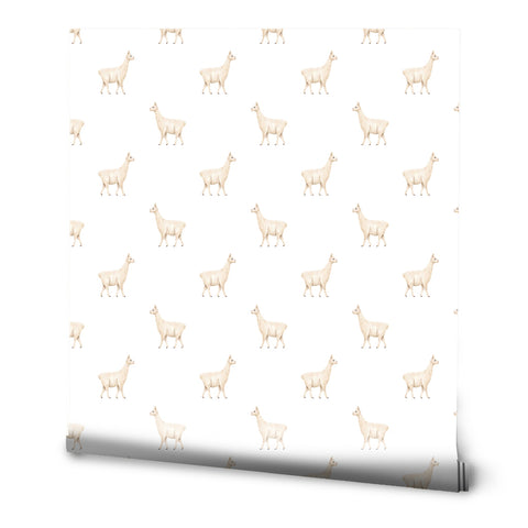 A roll of removable wallpaper with a pattern of white llamas on a white background.