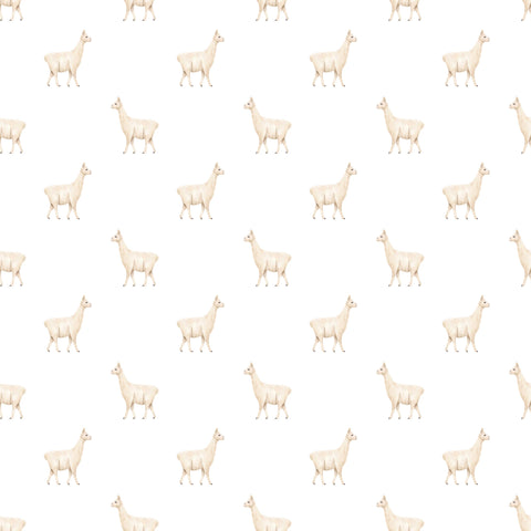 removable wallpaper with a pattern of white llamas on a white background.