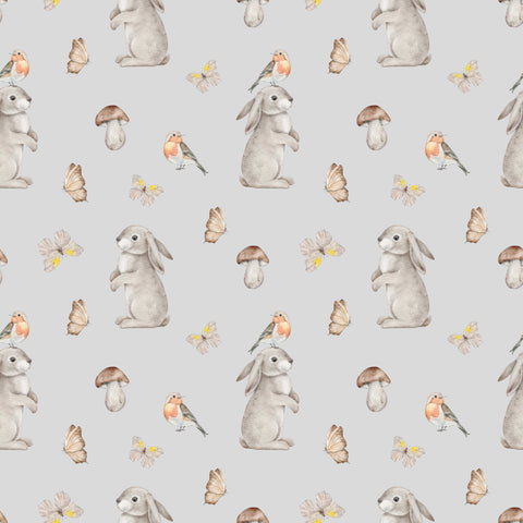 removable wallpaper with a pattern of rabbits, butterflies, and mushrooms in a neutral color palette.