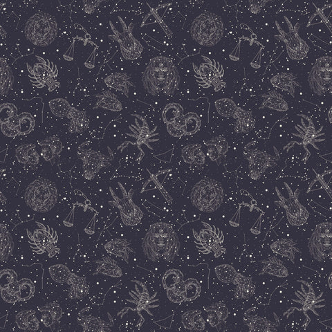 removable wallpaper with a dark background featuring constellation patterns and zodiac sign motifs.
