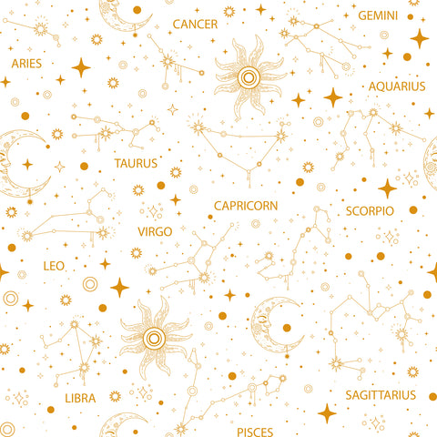 A wallpaper featuring celestial motifs including stars, moons, and zodiac sign symbols, with a white background and gold-colored illustrations.