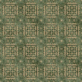 Ornamental wallpaper with a repeating geometric tile design in green and beige, featuring starburst and floral-inspired motifs inside square frames