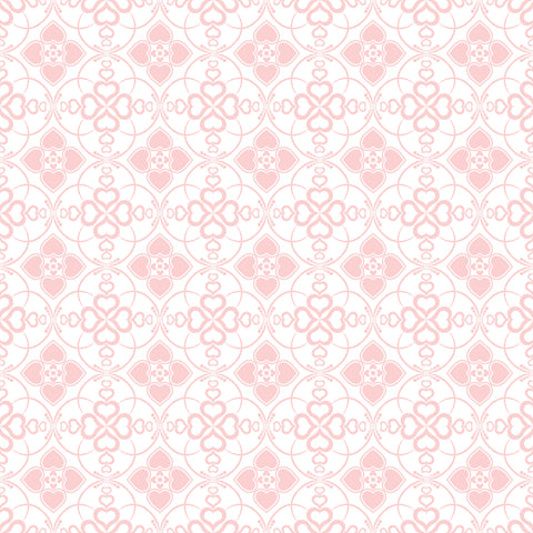 Pink and white wallpaper with a repeating heart and floral motif arranged in circular geometric patterns, suitable for bedrooms or children’s rooms.
