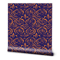 Dark blue wallpaper with gold ornamental damask pattern roll
