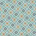 Wallpaper with Mediterranean tile-inspired pattern in blue, turquoise, and terracotta geometric design