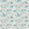Light gray wallpaper with playful turquoise and white bird and heart pattern, including small crown and “Love” details for a cheerful, child-friendly look.