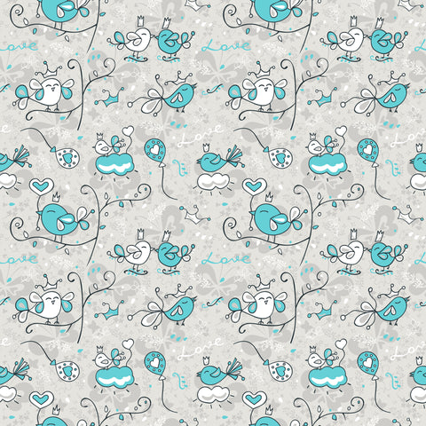 Light gray wallpaper with playful turquoise and white bird and heart pattern, including small crown and “Love” details for a cheerful, child-friendly look.