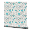 Light gray wallpaper with playful turquoise and white bird and heart pattern, including small crown and “Love” details for a cheerful, child-friendly look.