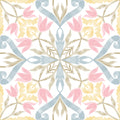 
Floral wallpaper with pink tulips, yellow leaves, and blue ornamental pattern on a white background
