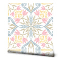 
Floral wallpaper with pink tulips, yellow leaves, and blue ornamental pattern on a white background