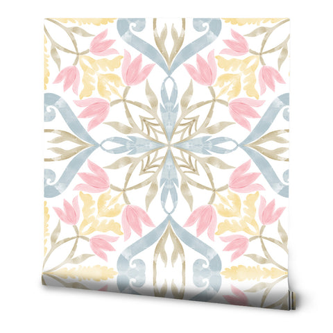 
Floral wallpaper with pink tulips, yellow leaves, and blue ornamental pattern on a white background