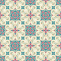 Ornate floral tile pattern wallpaper in beige, teal, and red tones, inspired by Mediterranean design.