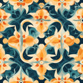 Decorative floral wallpaper with orange and blue vintage pattern, Mediterranean-inspired wall design