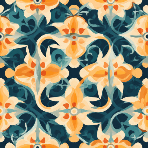 Decorative floral wallpaper with orange and blue vintage pattern, Mediterranean-inspired wall design