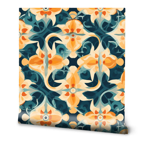 Decorative floral wallpaper with orange and blue vintage pattern, Mediterranean-inspired wall design