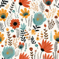 Floral wallpaper with orange, yellow, and teal flowers and dark brown leaves on a light cream base, with a hand-painted botanical style.